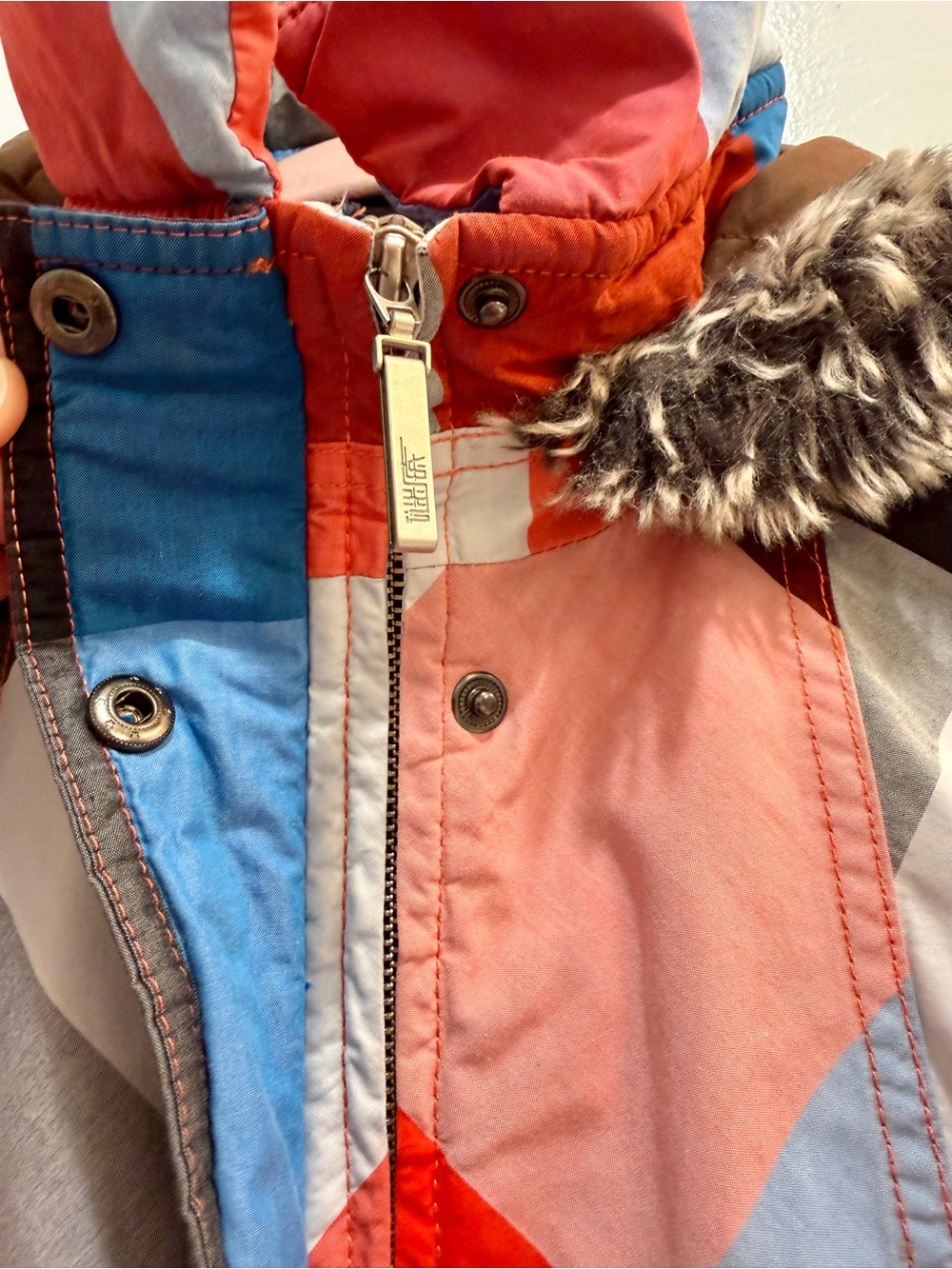 Midii Geometric Multi-Color Hooded Parka Jacket Faux Fur Trim Blue Orange Size M - Picture 7 of 16